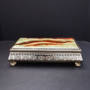 VGT,Blue Bird Green Faux Marble Footed  Silver Confectionery Tin.
